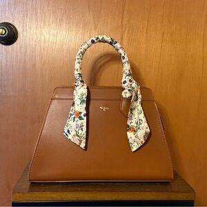 Fable England Elegant Brown Leather Crossbody Handbag with Pumpkin Floral Scarf